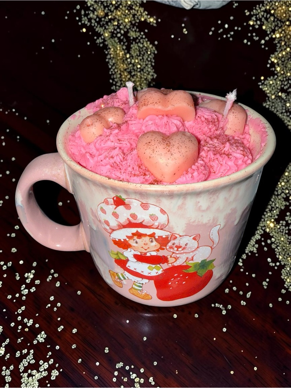 Handmade Strawberry Shortcake Mug Cherry Soy Candle 2 Wick - Picture 6 of 7